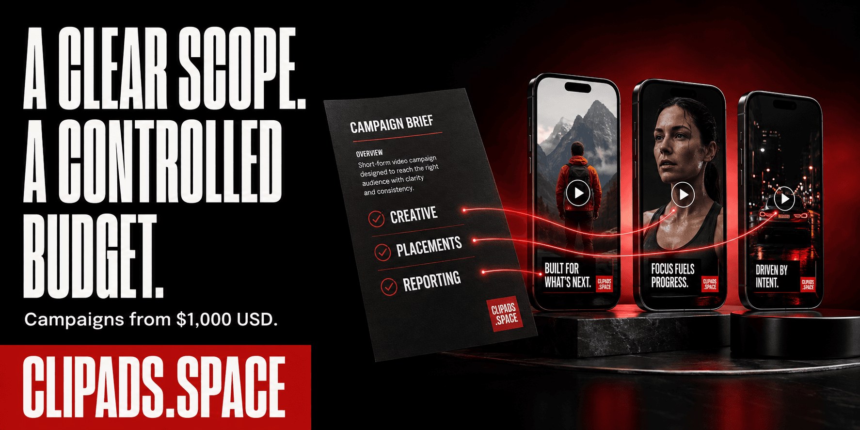 A clear scope. A controlled budget. Campaigns from $1,000 USD. ClipAds.space. Illustrative campaign brief connecting creative, placements and reporting.